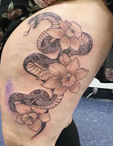 Snake and Flowers Thigh Tattoo Piece