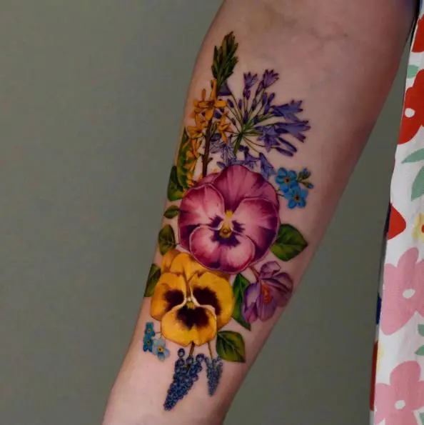 Spring Composition of Pansies, Forsythia, Crocus, Forget-Me-Not and Few Other Plants Tattoo