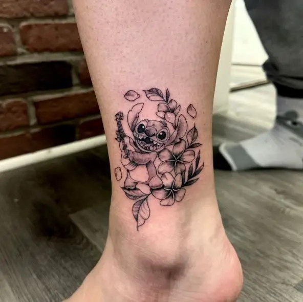 Stitch with Guitar Ankle Tattoo