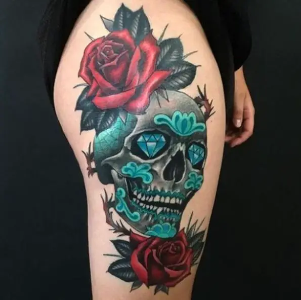 Sugar Skull Rose Tattoo On Thigh