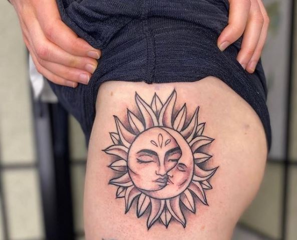 Sun and Moon Combo Thigh Tattoo