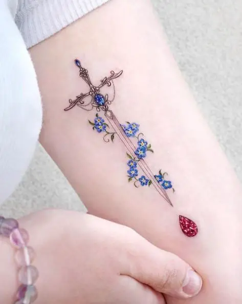 Sword with Forget Me Not Flowers Tattoo