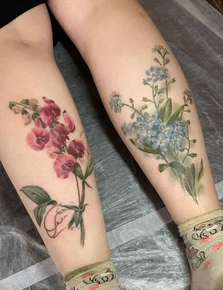 The Sweet Peas and Forget Me Nots Leg Tattoo