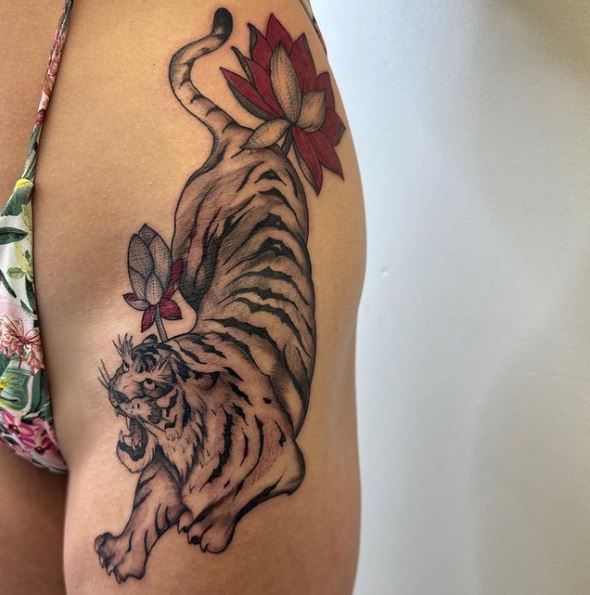 Tiger and Lotus Thigh Tattoo