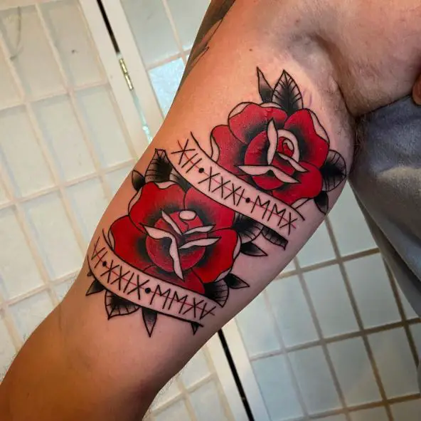 Traditional Red Roses with Roman Numerals Date Tattoo
