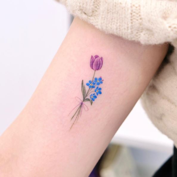 Tulip and Forget Me Not Flowers Arm Tattoo