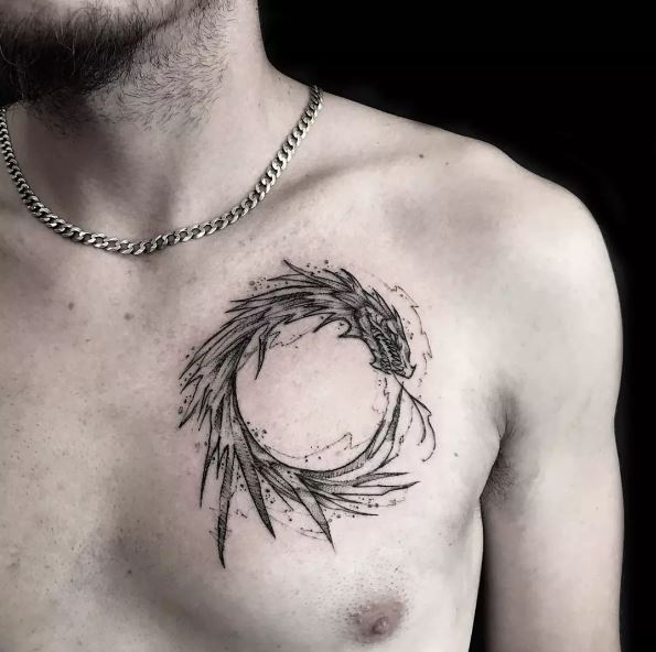 Water Splash Dragon Ouroboros Chest Tattoo