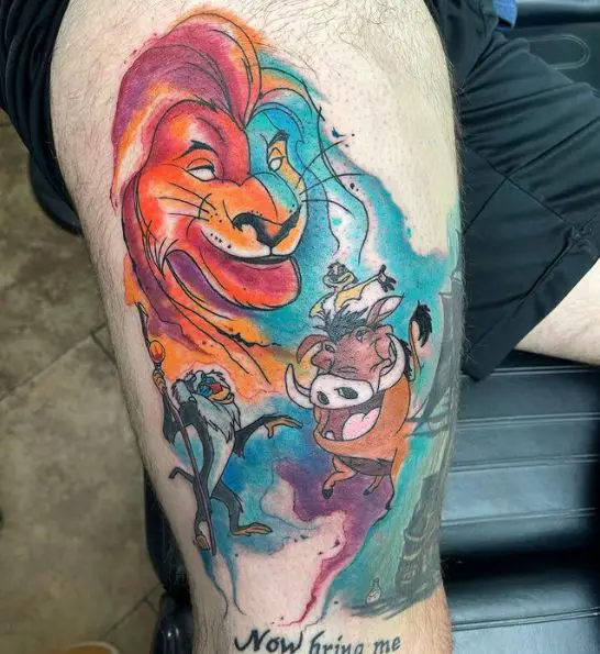 Watercolor Lion King Leg Sleeve Tattoo