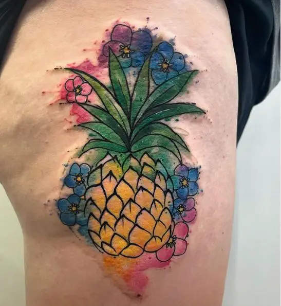 Watercolor Pineapple and Forget Me Nots Tattoo
