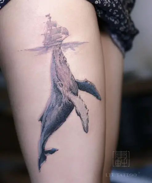 Whale and Sailing Boat Thigh Tattoo