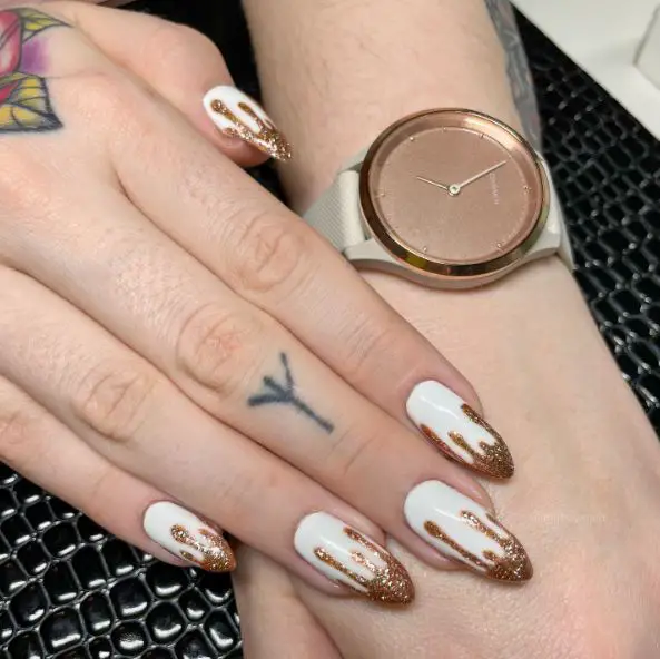 White Nails with Rose Gold Drips