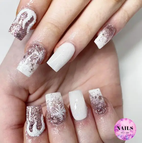 White and Rose Gold Glitter Nails with Snowflakes