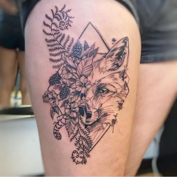 Wolf and Botanical Thigh Tattoo Piece
