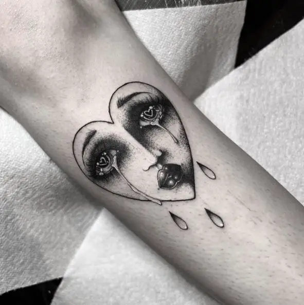 Woman Face Crying Heart Leg Tattoo