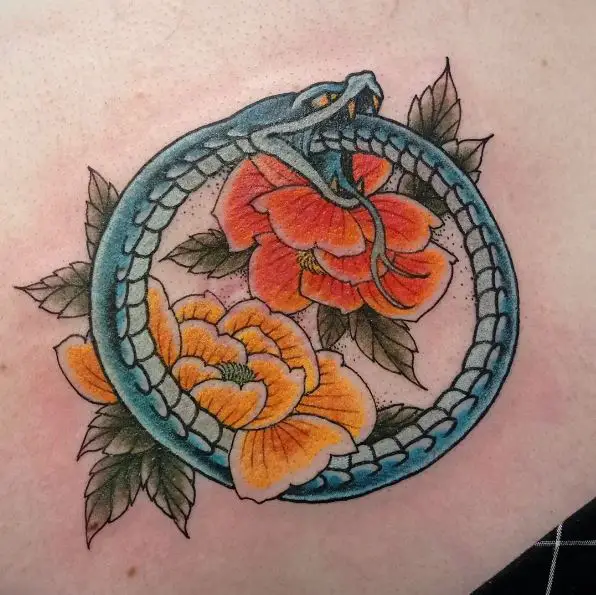 Yellow and Orange Flowers with Blue Snake Ouroboros Tattoo