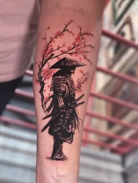 Tree with Red Flowers and Samurai Warrior Forearm Tattoo