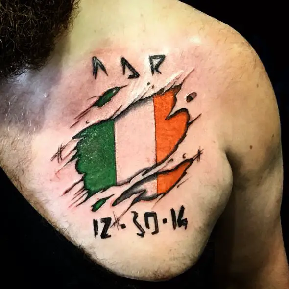 Irish Flag with Celtic Lettering and Date Chest Tattoo