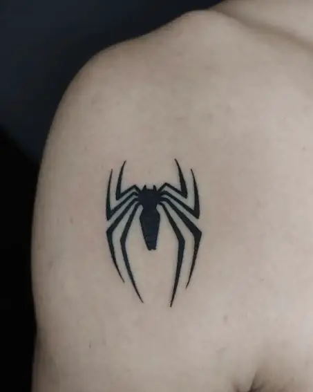 Black Spiderman Logo Shoulder Tattoo