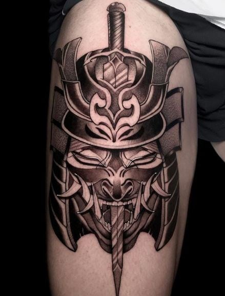 Samurai Head Pierced with Knife Leg Tattoo