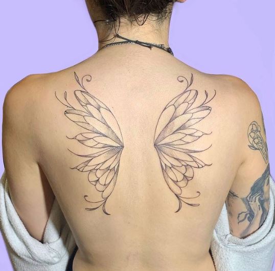 Grey Shaded Fairy Wings Back Tattoo