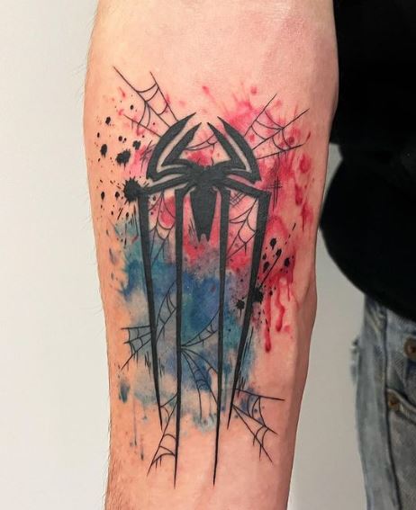 Blue and Red Background Spiderman Logo Forearm Tattoo