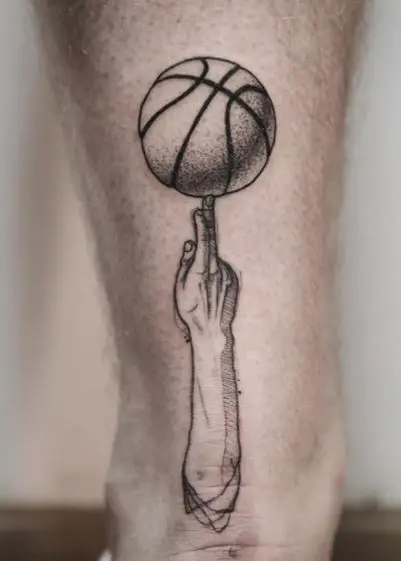 Black and Grey Arm and Spinning Basketball Calf Tattoo