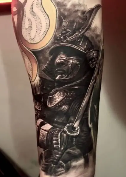 Samurai Warrior with Katana Leg Tattoo