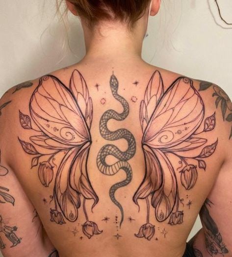 Black and Grey Snake and Fairy Wings Back Tattoo