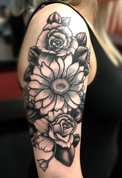 Black and Grey Shaded Flowers Arm Half Sleeve Tattoo