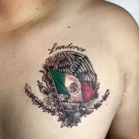Mexican Coat of Arms and Mexican Flag Chest Tattoo