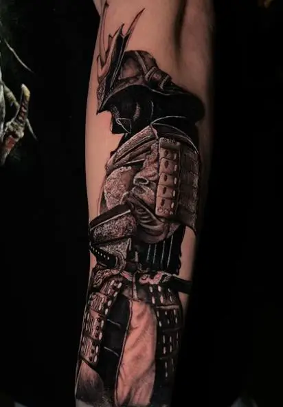 Samurai Warrior with Helmet and Katana Forearm Tattoo