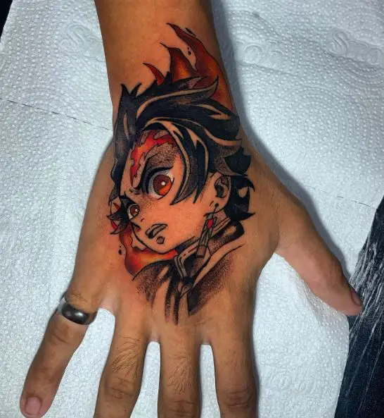 Fire and Demon Slayer Tanjiro with Red Eyes Hand Tattoo