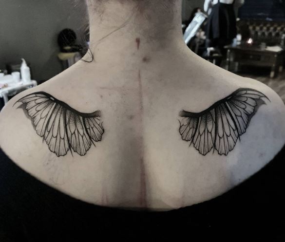 Black Gothic Fairy Wings Back Tattoo