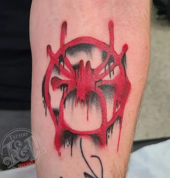 Black and Red Spiderman Logo Forearm Tattoo