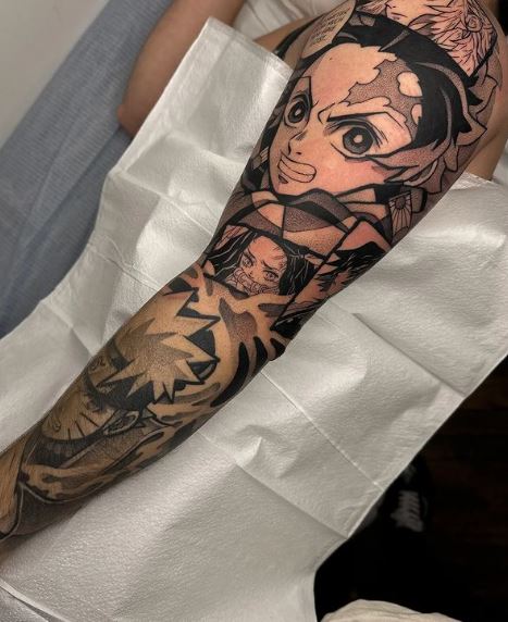 Black and Grey Demon Slayer Tanjiro Arm Sleeve Tattoo