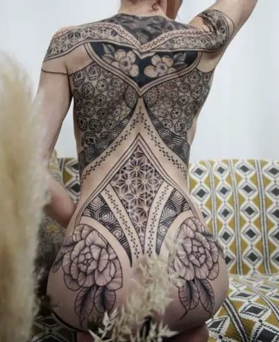 Black and Grey Mandala and Flowers Butt Tattoo