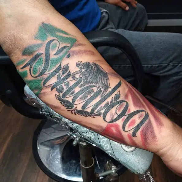 Colored Mexican Flag with Lettering Forearm Tattoo