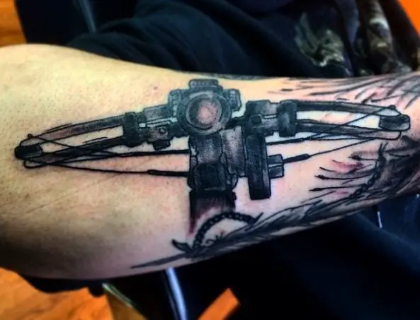 Black and Grey Hunting Bow with Binocular Forearm Tattoo