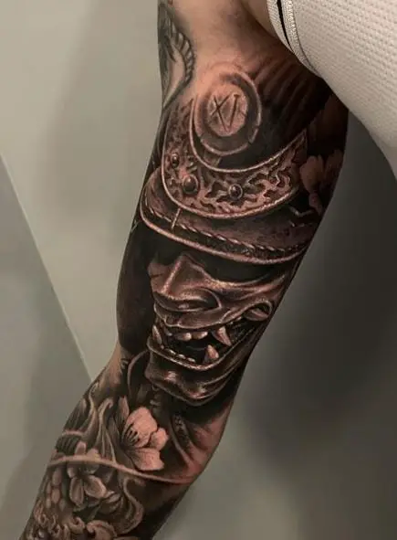 Flowers and Samurai with Mask Arm Sleeve Tattoo