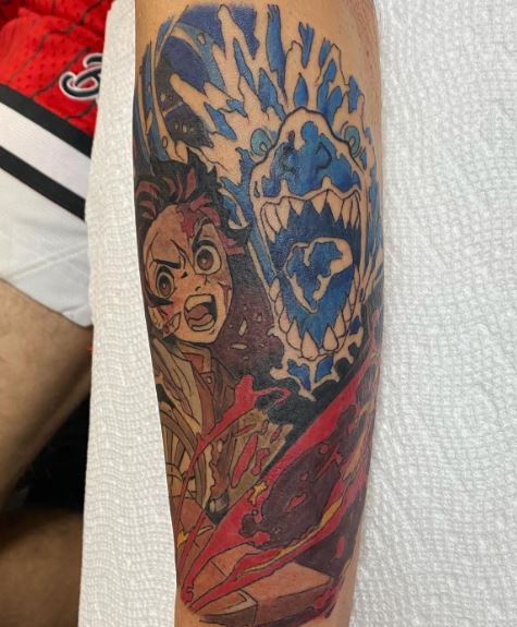 Blue Demon and Demon Slayer Tanjiro Forearm Tattoo