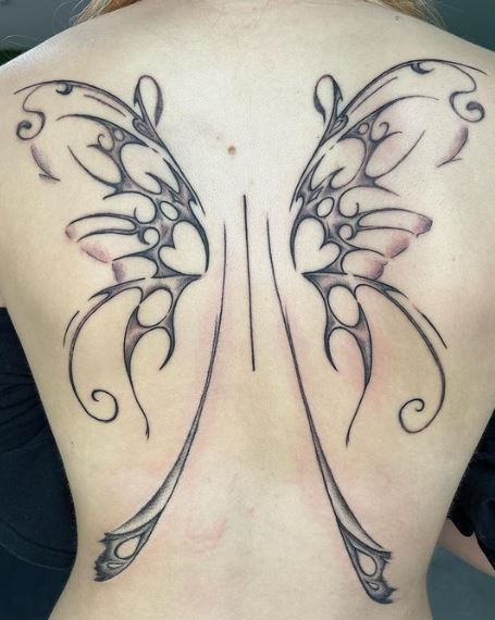 Grey Shaded Fairy Wings Back Tattoo