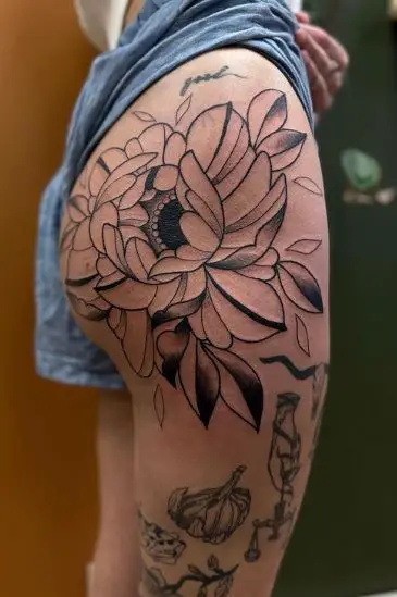 Black and Grey Peony Flower Butt Tattoo