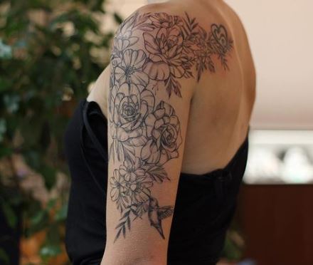 Colibri and Flowers Arm Half Sleeve Tattoo