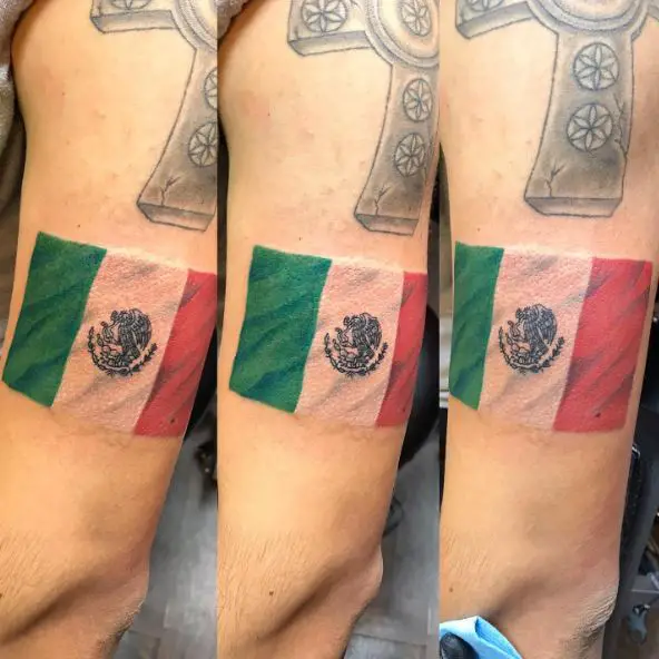 Cross and Mexican Flag Arm Tattoo