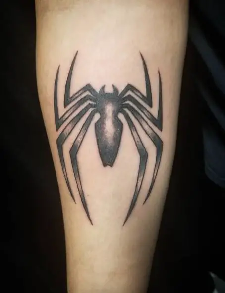Black and Grey Spiderman Logo Forearm Tattoo