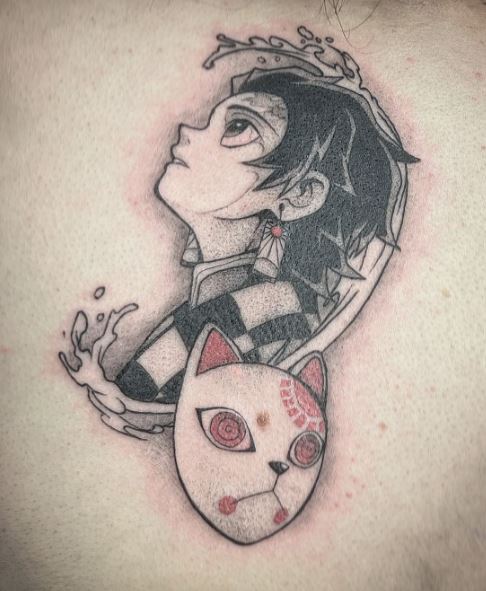 Cat Mask and Demon Slayer Tanjiro Back Tattoo