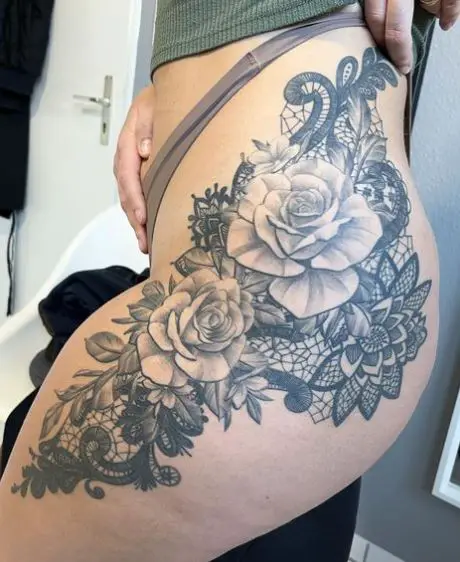 Grey Shaded Roses Butt Tattoo