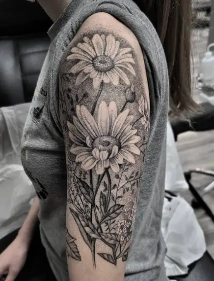 Grey Shaded Floral Arm Half Sleeve Tattoo