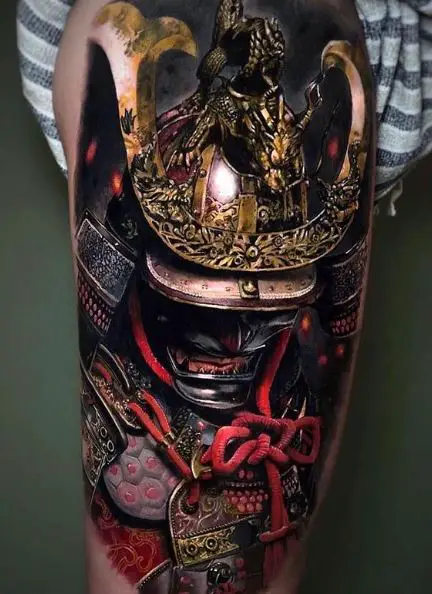 Realistic Samurai with Mask and Helmet Leg Tattoo