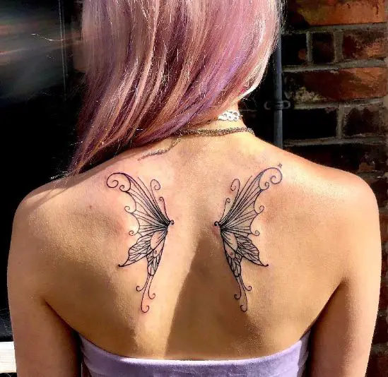 Grey Star and Fairy Wings Back Tattoo